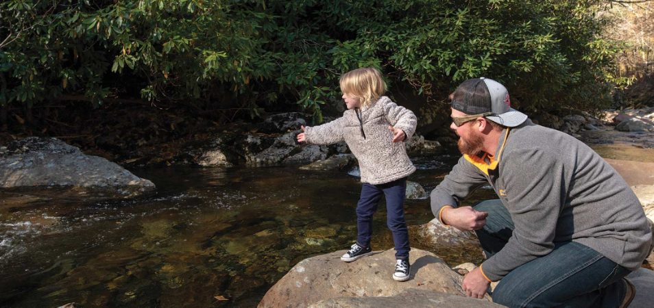 A dad and child throw stones into a stream at Great Smoky Mountains National Park